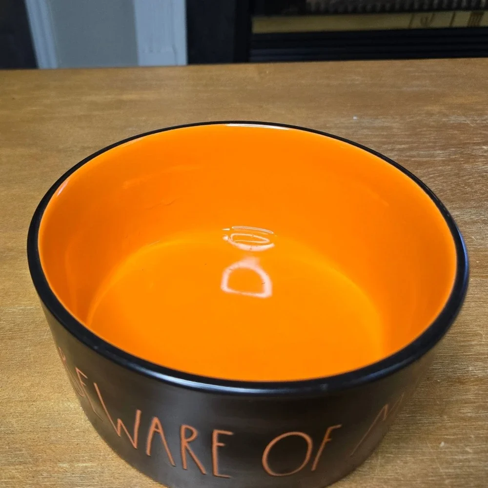 Rae Dunn Pet Bowl Small Black Orange Beware Of Me Halloween Spooky Ceramic